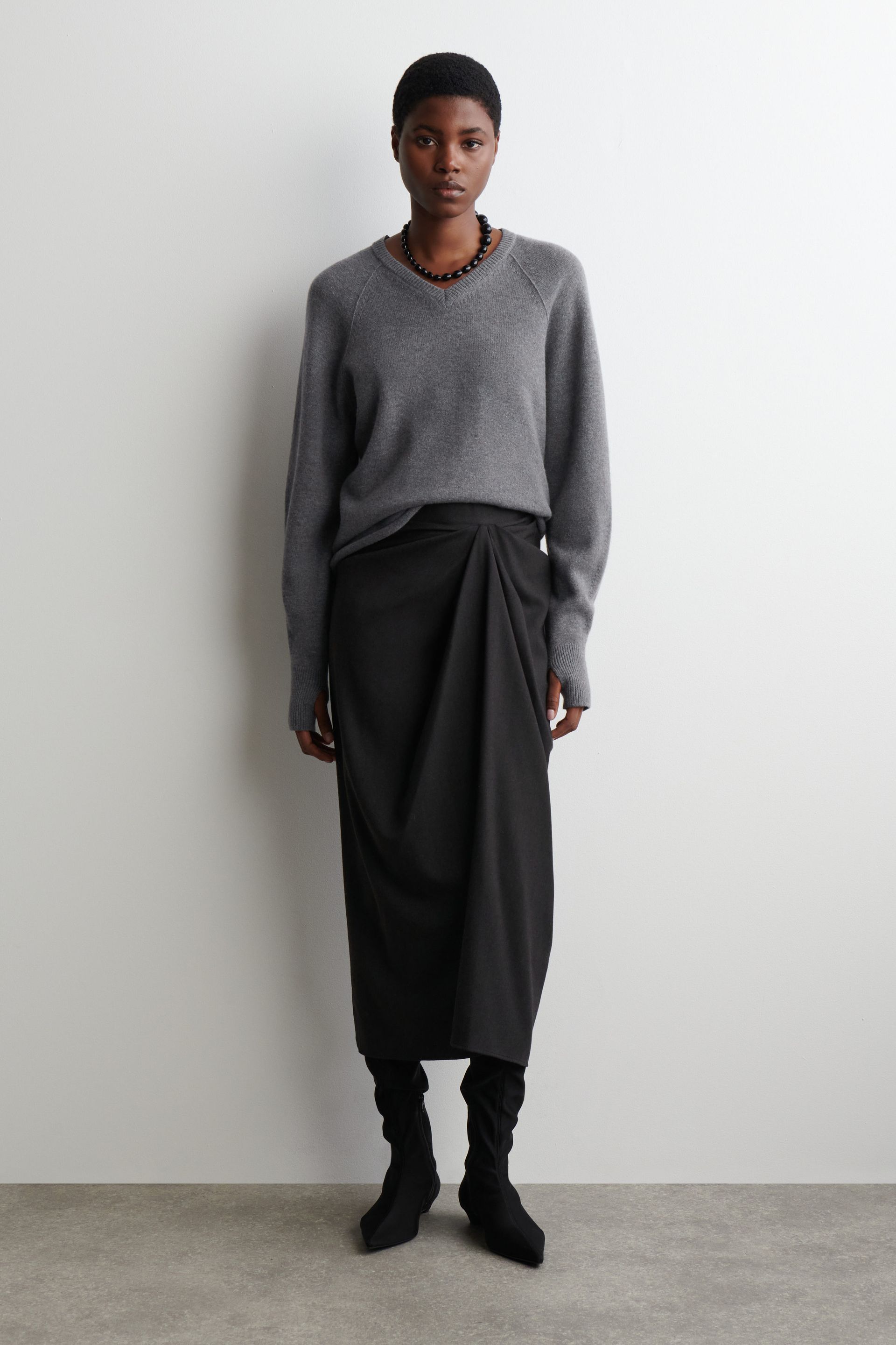 Draped Wool-Blend Midi Skirt