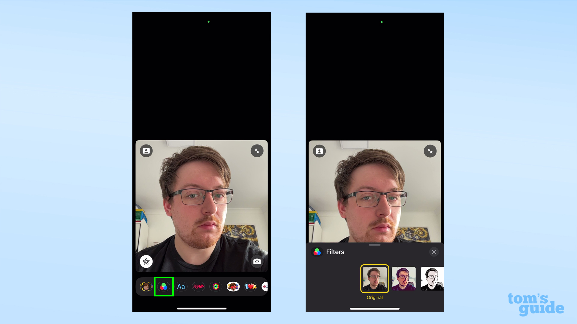 Два снимка экрана, показывающие, где найти настройки цветового фильтра в FaceTime.