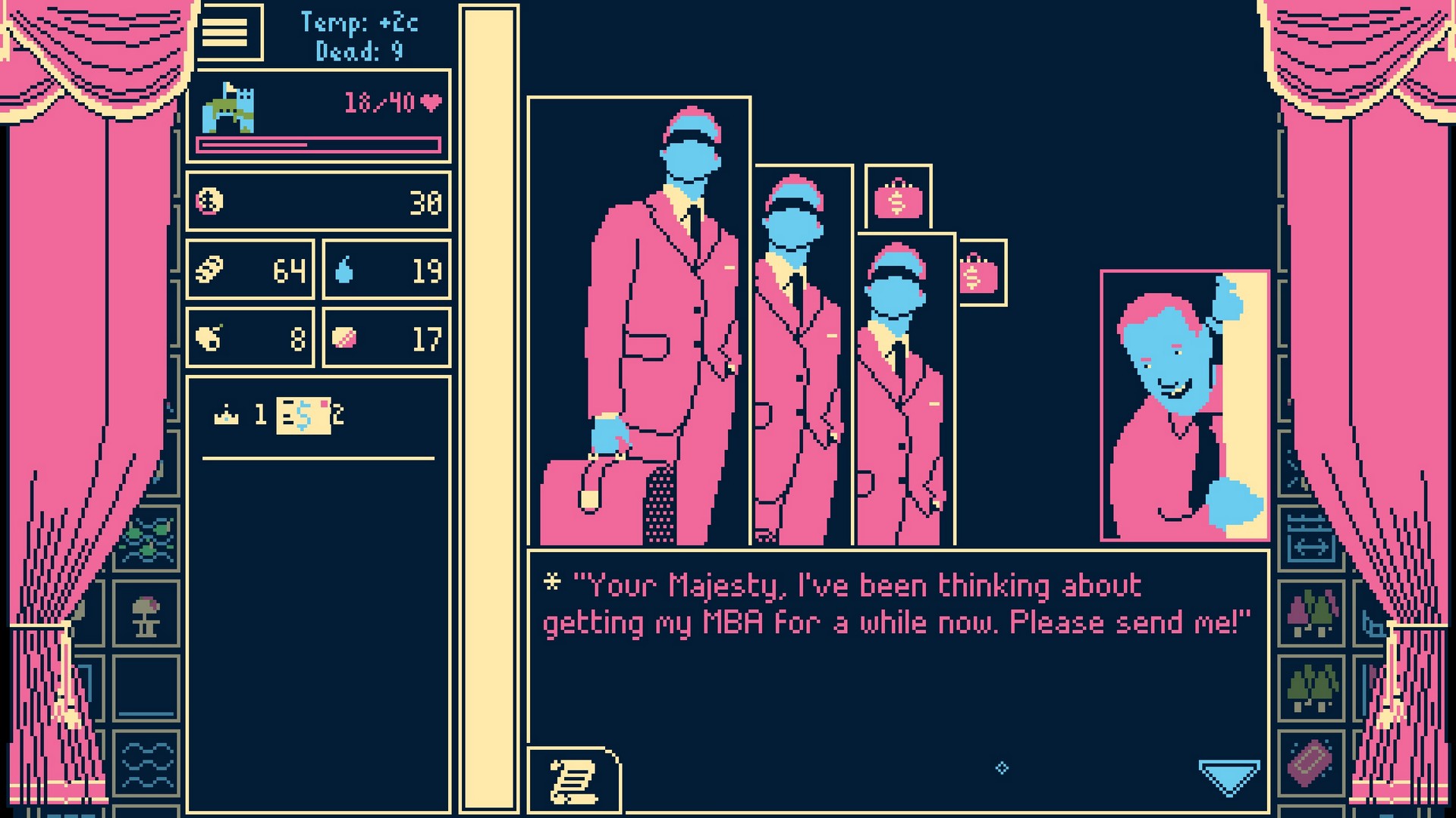 The Cult of Market, identical men in business suits with blindfolds, appear in Titanium Court