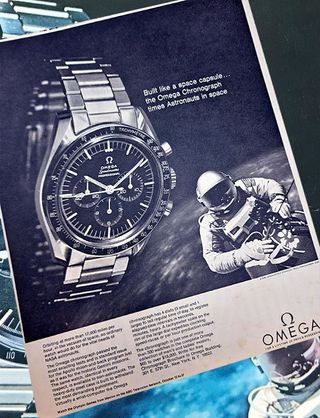 Omega's 1968 print ad promoting NASA's use of its Speedmaster chronograph was faithfully reproduced in the movie "Fly Me to the Moon" among other real and fictional product ads.