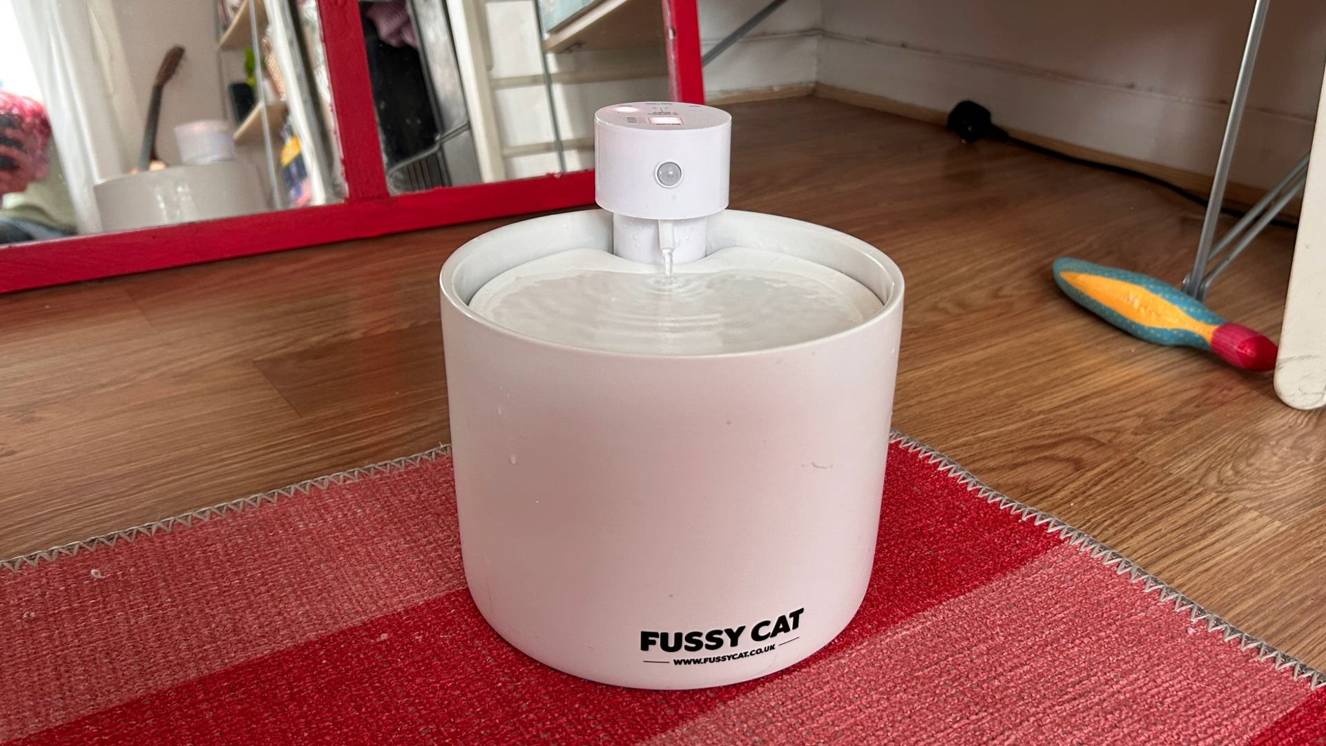Fussy Cat Water Fountain, one of the best pet water fountains, on a red stripy rug