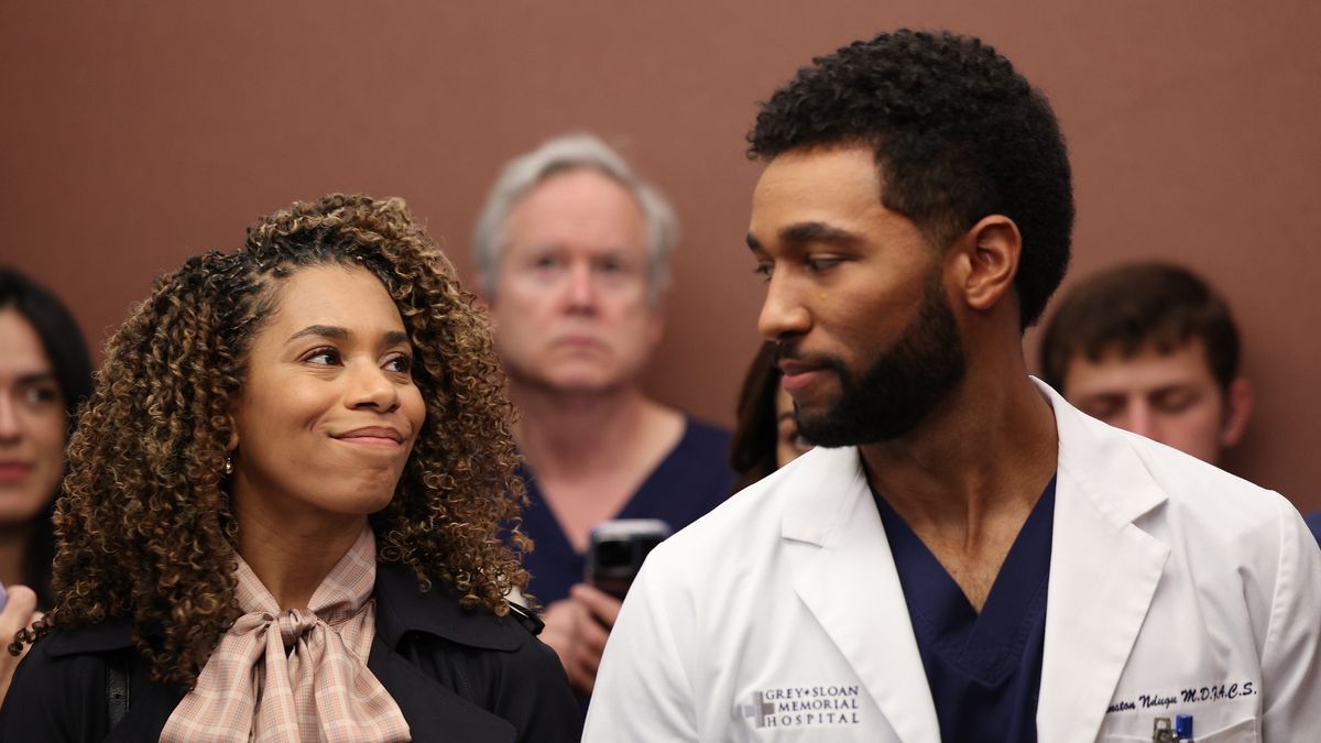 Kelly McCreary and Anthony Hill as Maggie and Winston awkwardly looking at each other in an elevator in Grey&#039;s Anatomy season 19