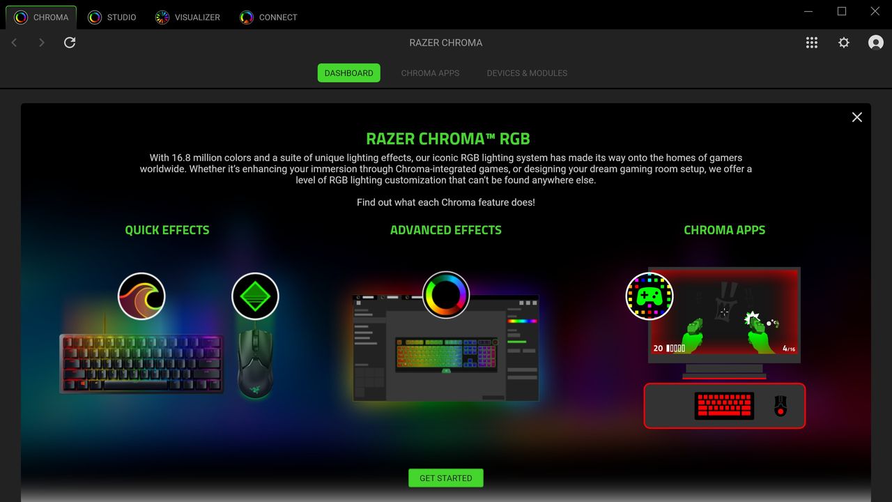 Images of the New Razer Synapse, Razer Chroma app, and Razer Aether products.