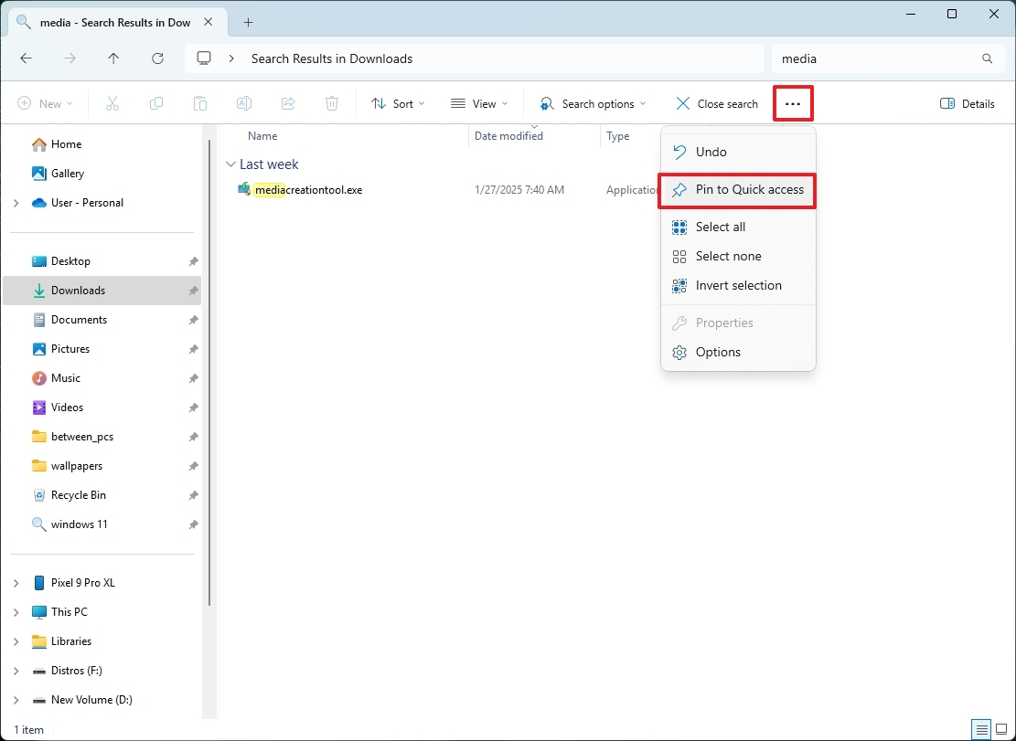 File Explorer save search in Quick access