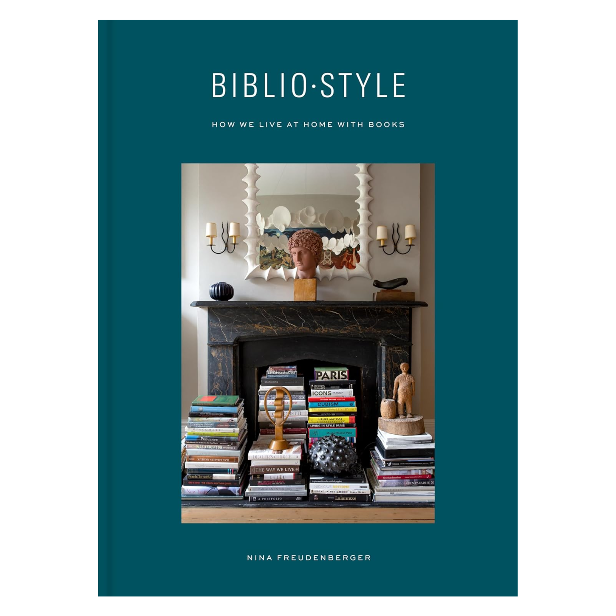 bibliostyle book with a blue cover and an image of a mantle behind stacks of books