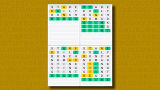 Quordle daily sequence answers for game 878 on a yellow background
