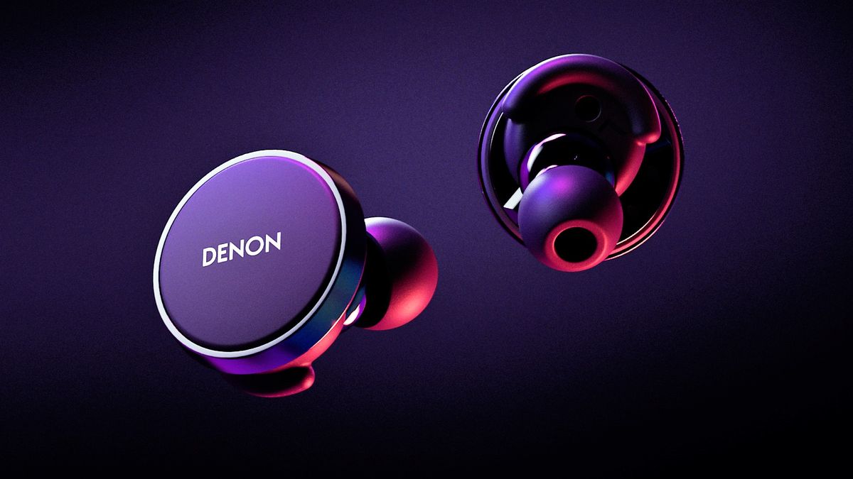 PR shot for Denon PerL Pro wireless earbuds on a black background