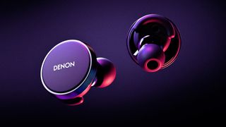 PR shot for Denon PerL Pro wireless earbuds on a black background