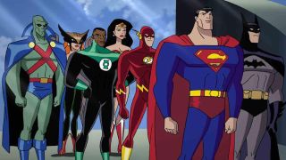 Martian Manhunter, Hawkgirl, Green Lantern, Wonder Woman, Flash, Superman and Batman in Justice League animated series