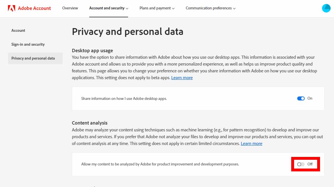 Adobe Creative Cloud toggle off content analysis