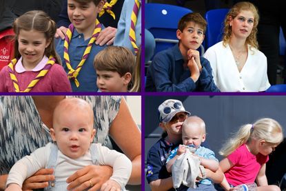 four way split layout, Prince George, Charlotte and Louis, Lady Louise Windsor and James Viscount Severn, Prince Archie as a baby and Mia and Lucas Tindall