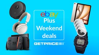 Blue background with white writing in the middle that says eBay Plus Weekend deals with images of products on both sizes
