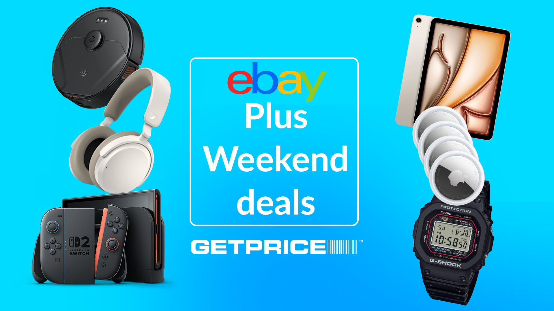 Blue background with white writing in the middle that says eBay Plus Weekend deals with images of products on both sizes