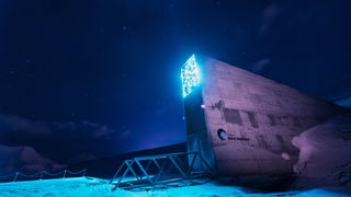 The entrance to the Svalbard Global Seed Vault at night