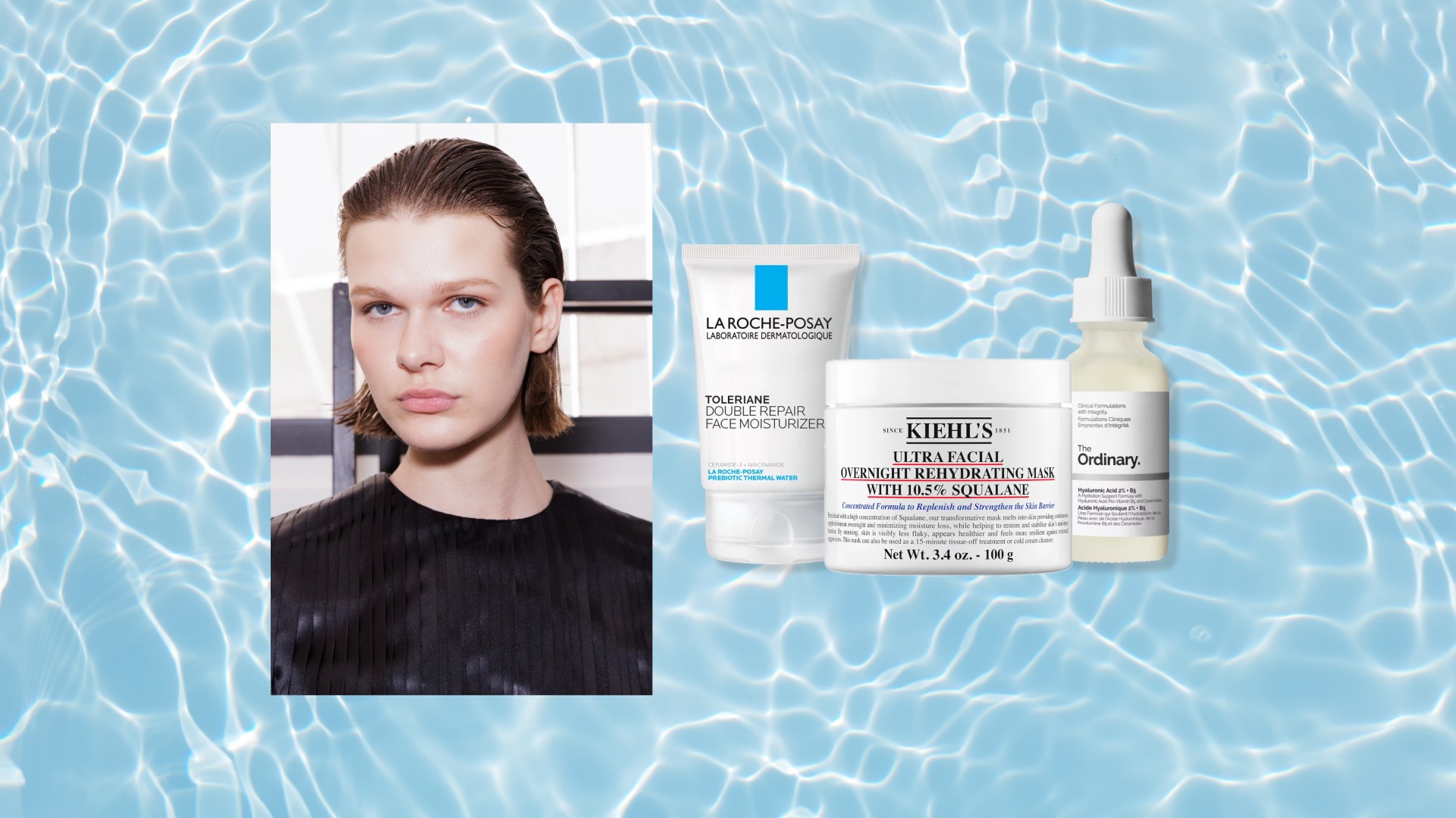 a handful of skincare products edited next to a model with clear skin