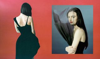 Side by side photos of Cazzie David. On the left, she is photographed from the back wearing a Mugler black dress. On the right, she is wearing a Nina Ricci dress with sheer veil detailing.