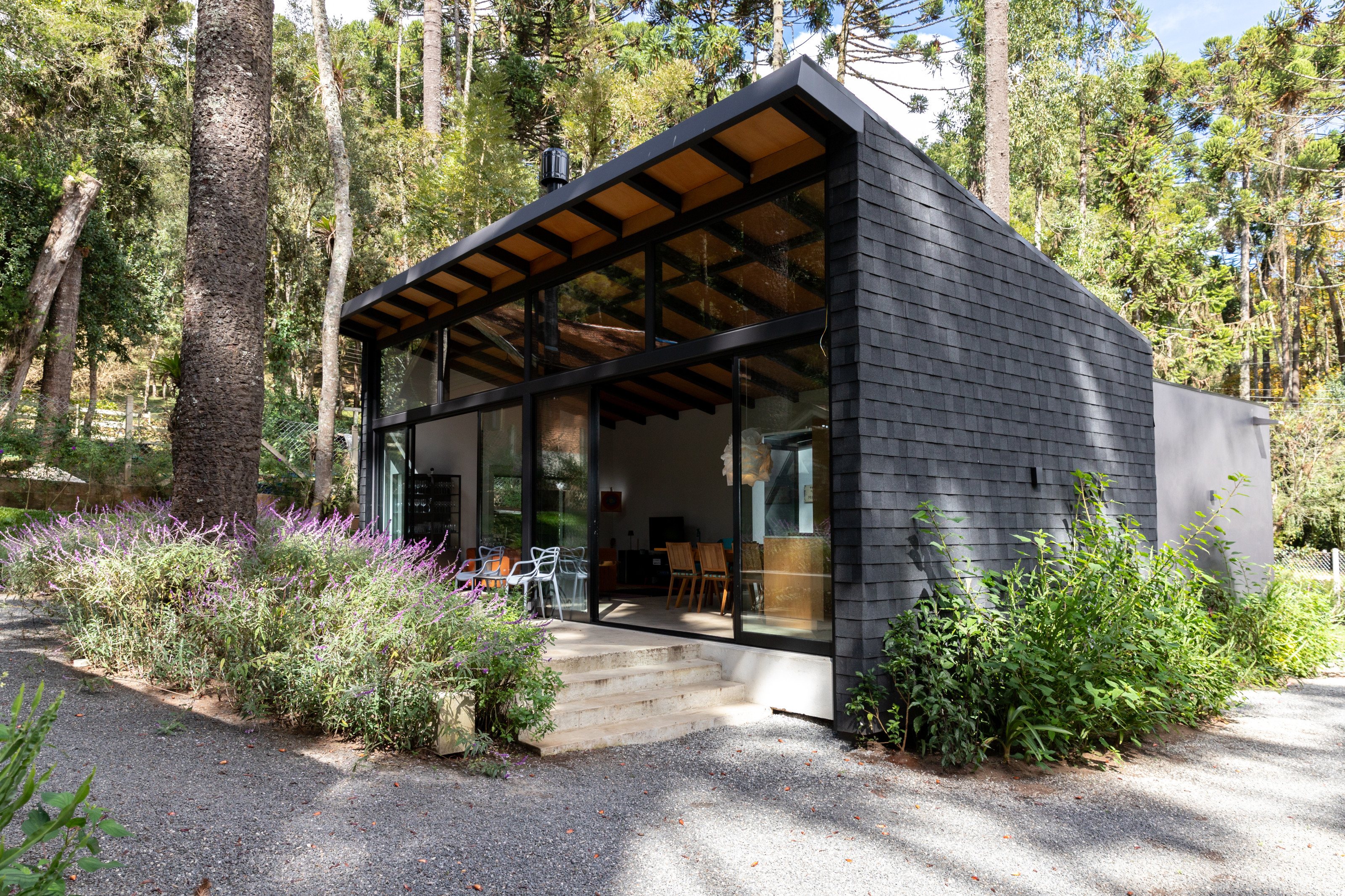The main pavilion at the Araucarias House, a forest retreat in a Brazil forest