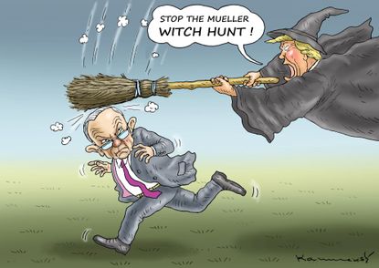Political cartoon World Trump Jeff Sessions Mueller investigation Russia witch hunt