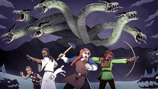 Several adventurers from Pyrene, a roguelike deckbuilder from Two Tiny Dice, posed heroically and fending off wolfish monsters while a hydra roars triumphantly in the background.