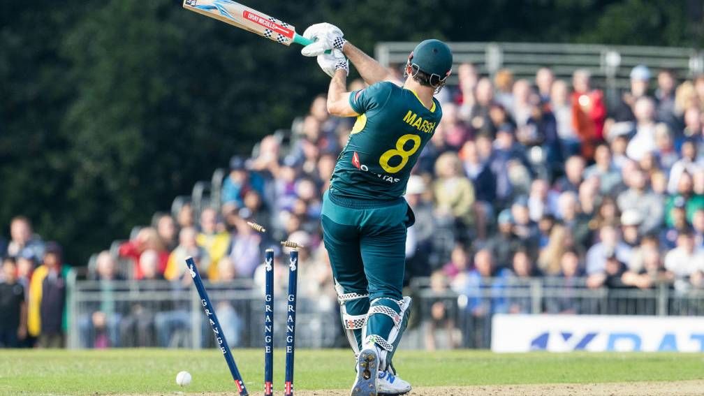 Australia&#039;s Mitchell Marsh is bowled out during a T20 International Series match between Scotland and Australia