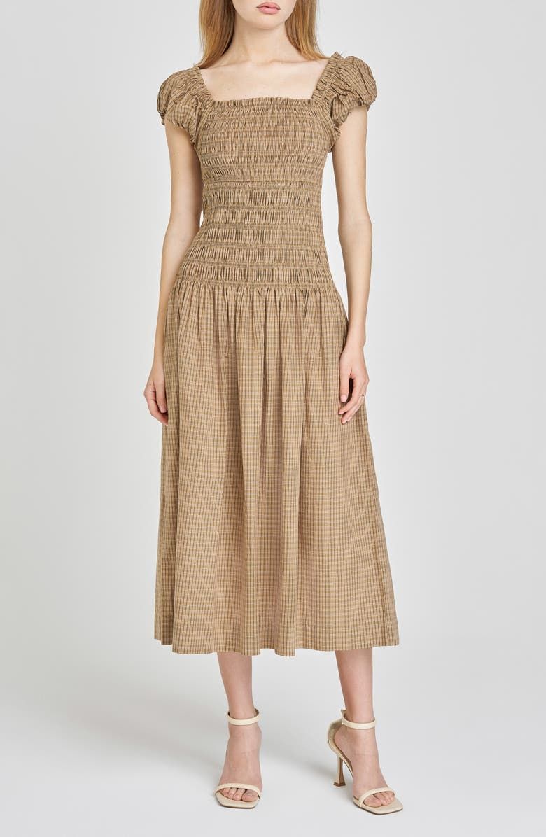 Cassidy Plaid Smock Bodice Cotton Midi Dress