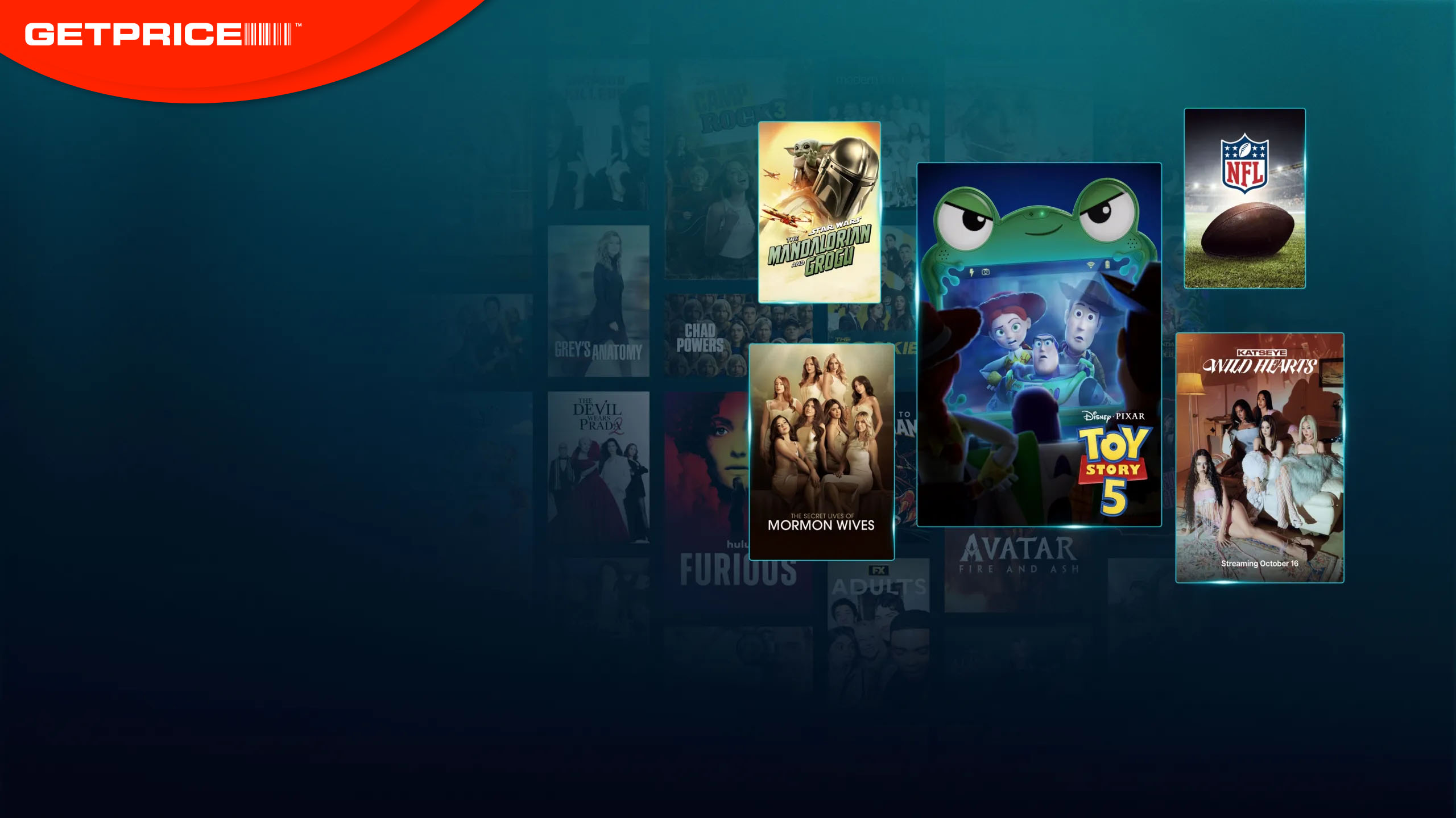 Blue background with pictures of Disney+ content on the screen with red Getprice header on top left corner