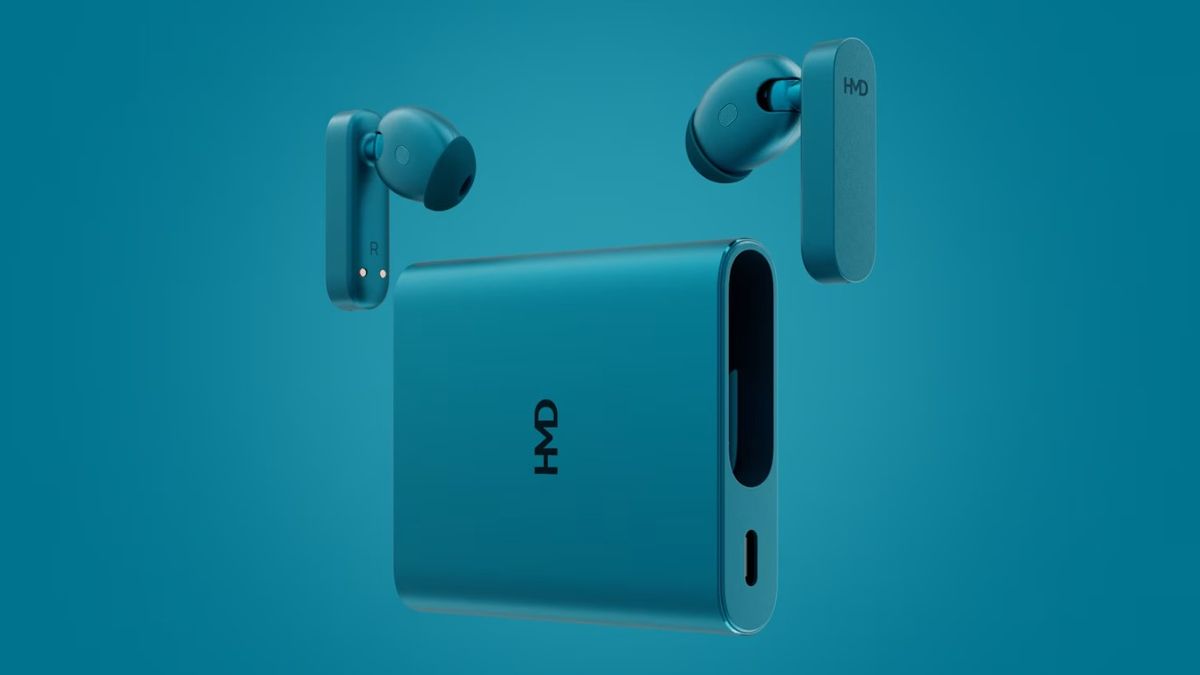 HMD amped buds in blue on a blue background 