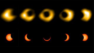 Upper row: Radio images of the 2023 Oct. 14 solar eclipse observed by the Long Wavelength Array at the Owens Valley Radio Observatory Bottom row: Schematic representation of what visible images of the eclipse looked like at the same time.