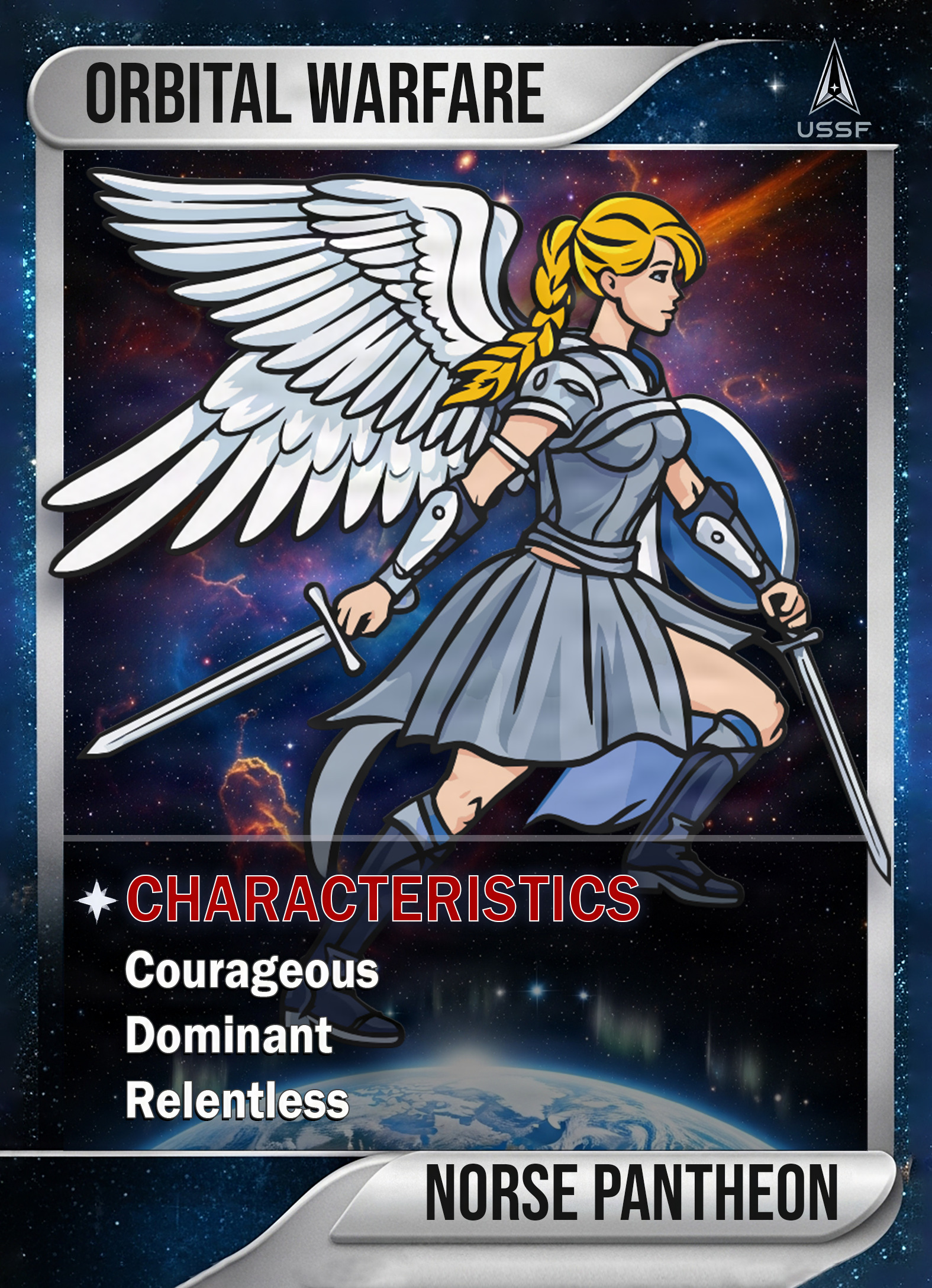 an illustration of a winged woman in metal armor carrying two swords, flying above earth