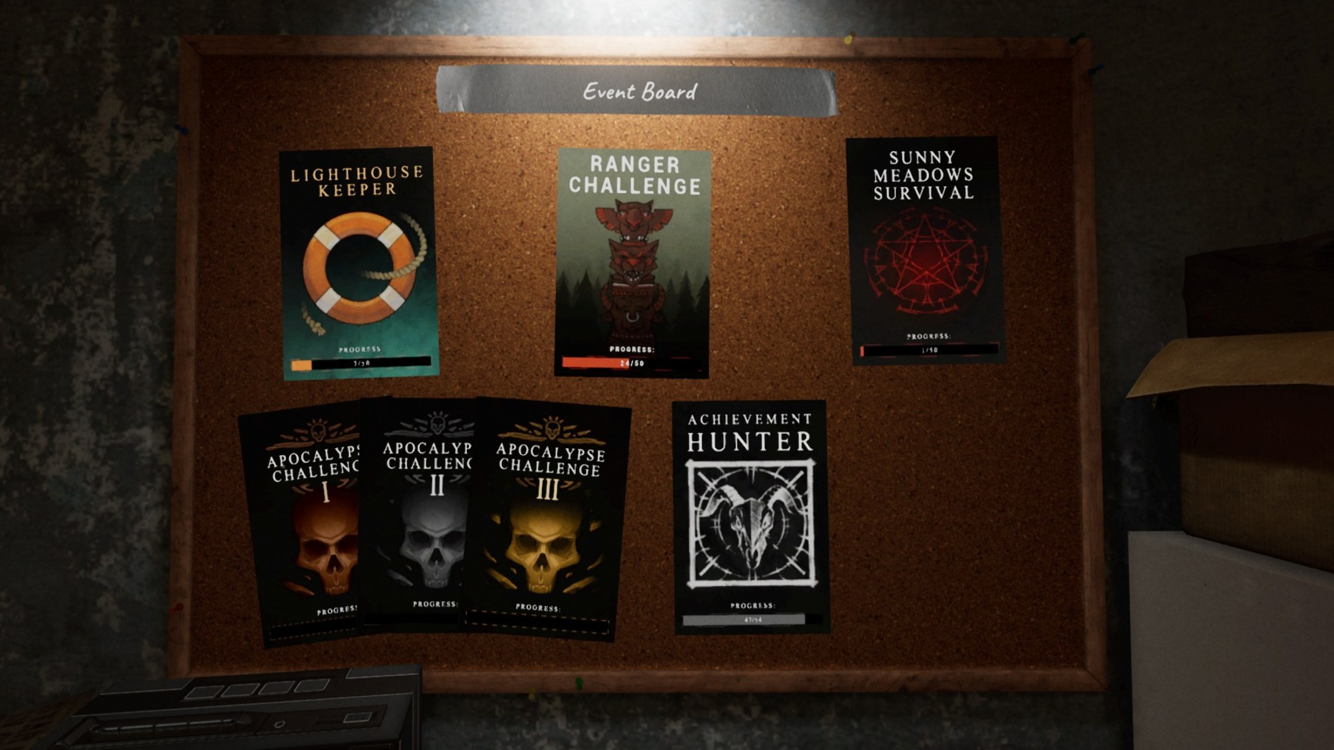 The in-game Phasmophobia Event board with several posters for usual weekly challenges.
