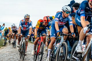 The peloton during Paris-Roubaix 2024