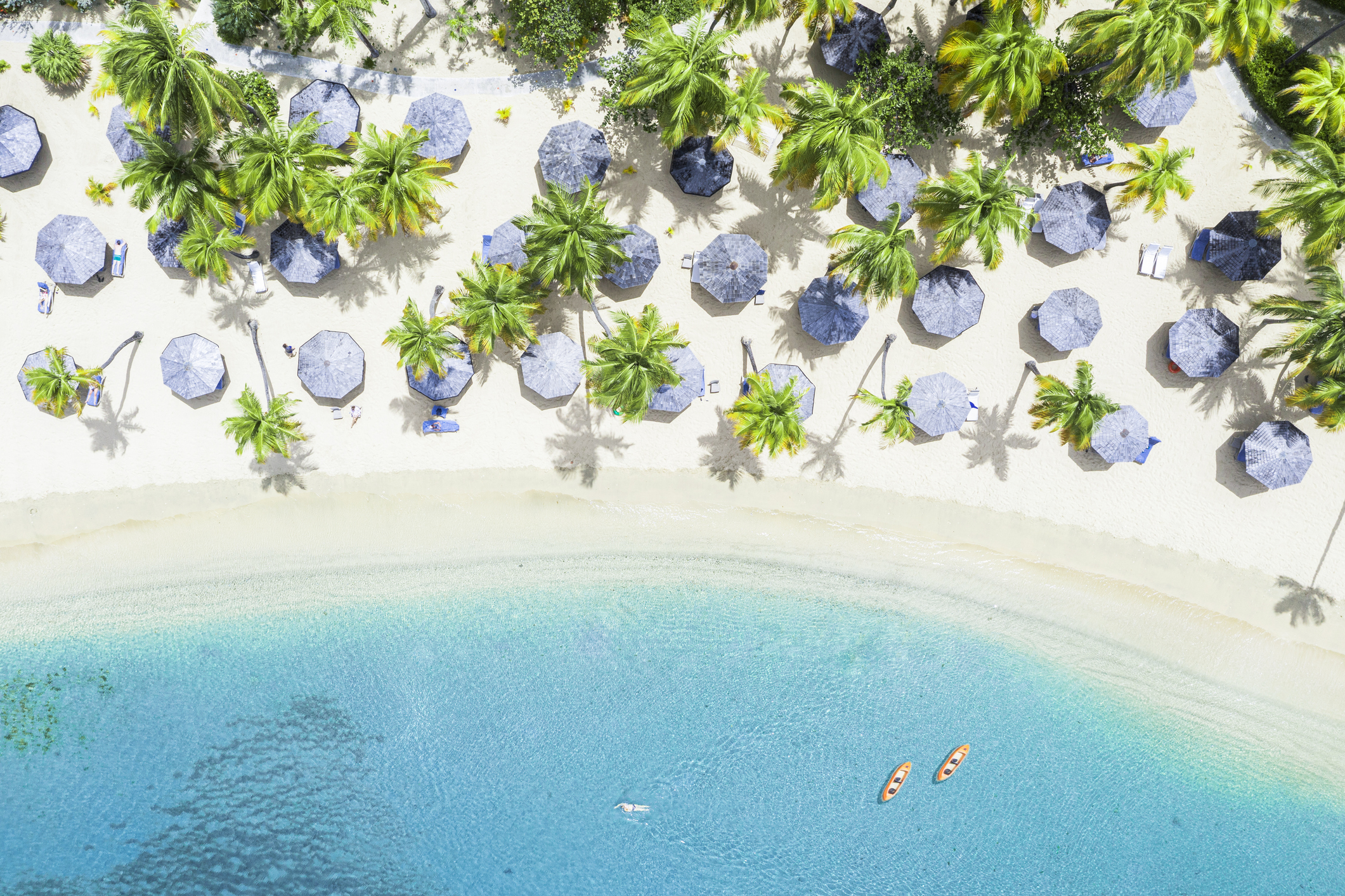Parasols and canoes from above, Caribbean Sea
