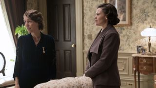 Gillian Anderson in a dark dress as Eleanor Roosevelt and Clea DuVall in a brown suit as her private secretary Malvina “Tommy” Thompson in The First Lady.