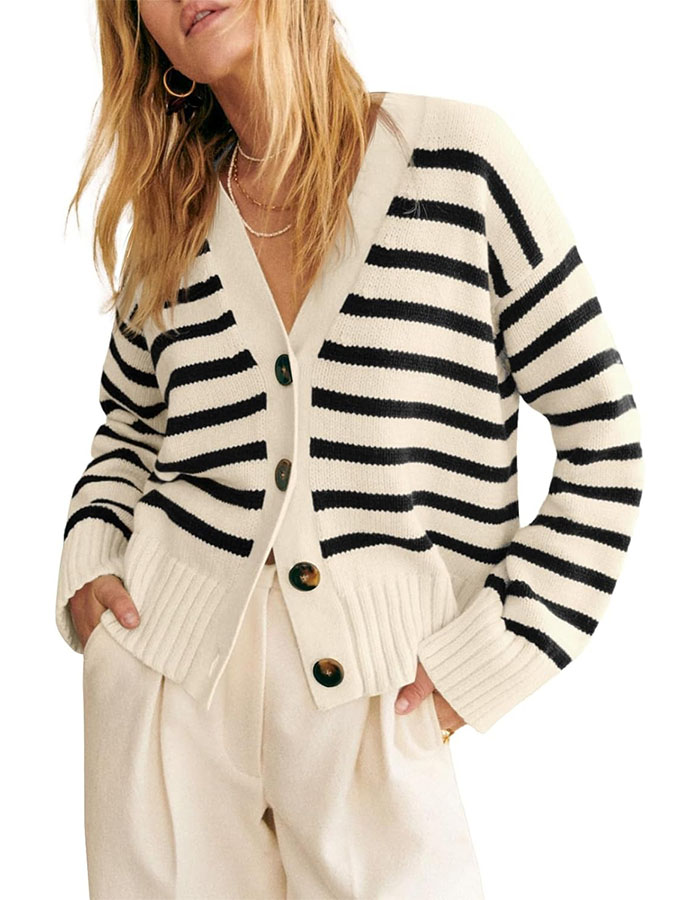 Saodimallsu Womens Striped Cardigan Sweaters V Neck Button Down Long Sleeve Open Front Ribbed Knit Outerwear Beige