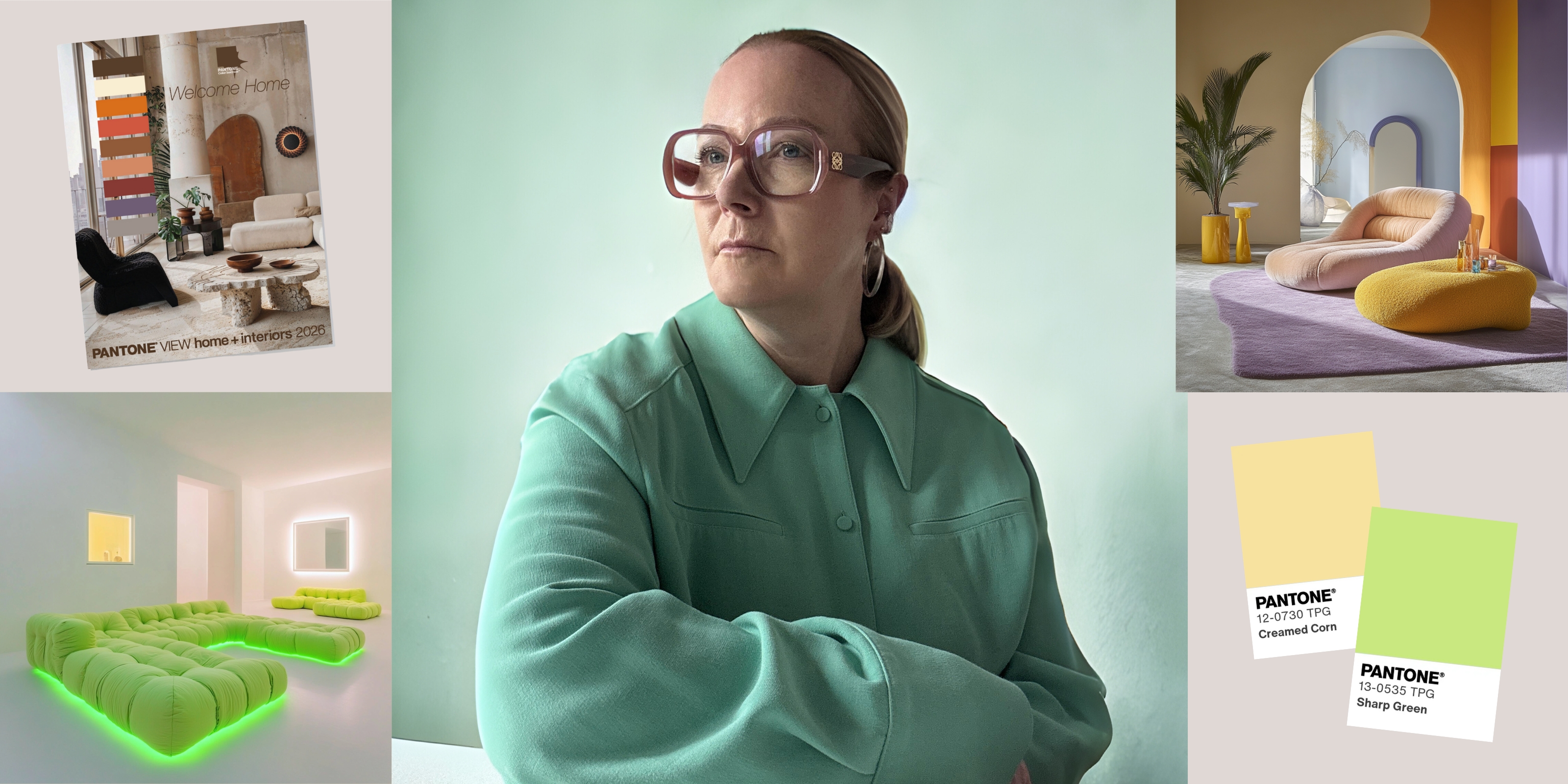 color forecaster jane boddy surrounded by ai-designed rooms, a pantone publication, and pantone color chips