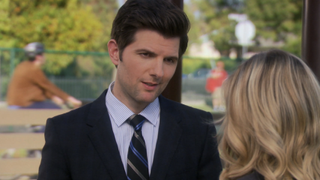 Adam Scott as Ben Wyatt talking to Leslie in Parks and Rec finale