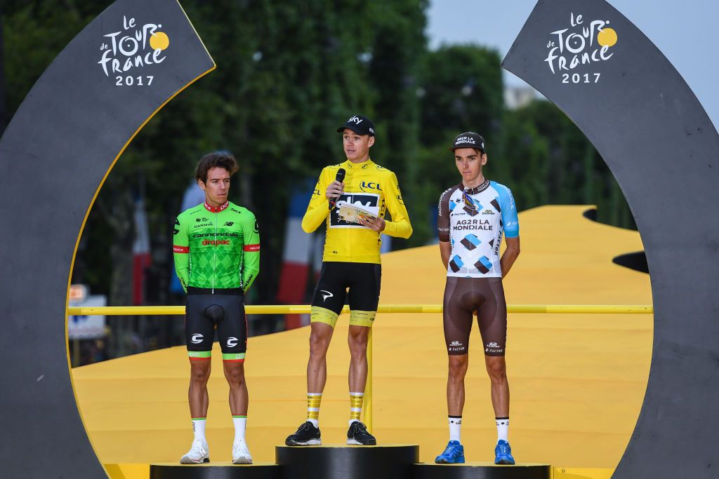 Chris Froome speaks to fans after the final stage of the Tour de France.