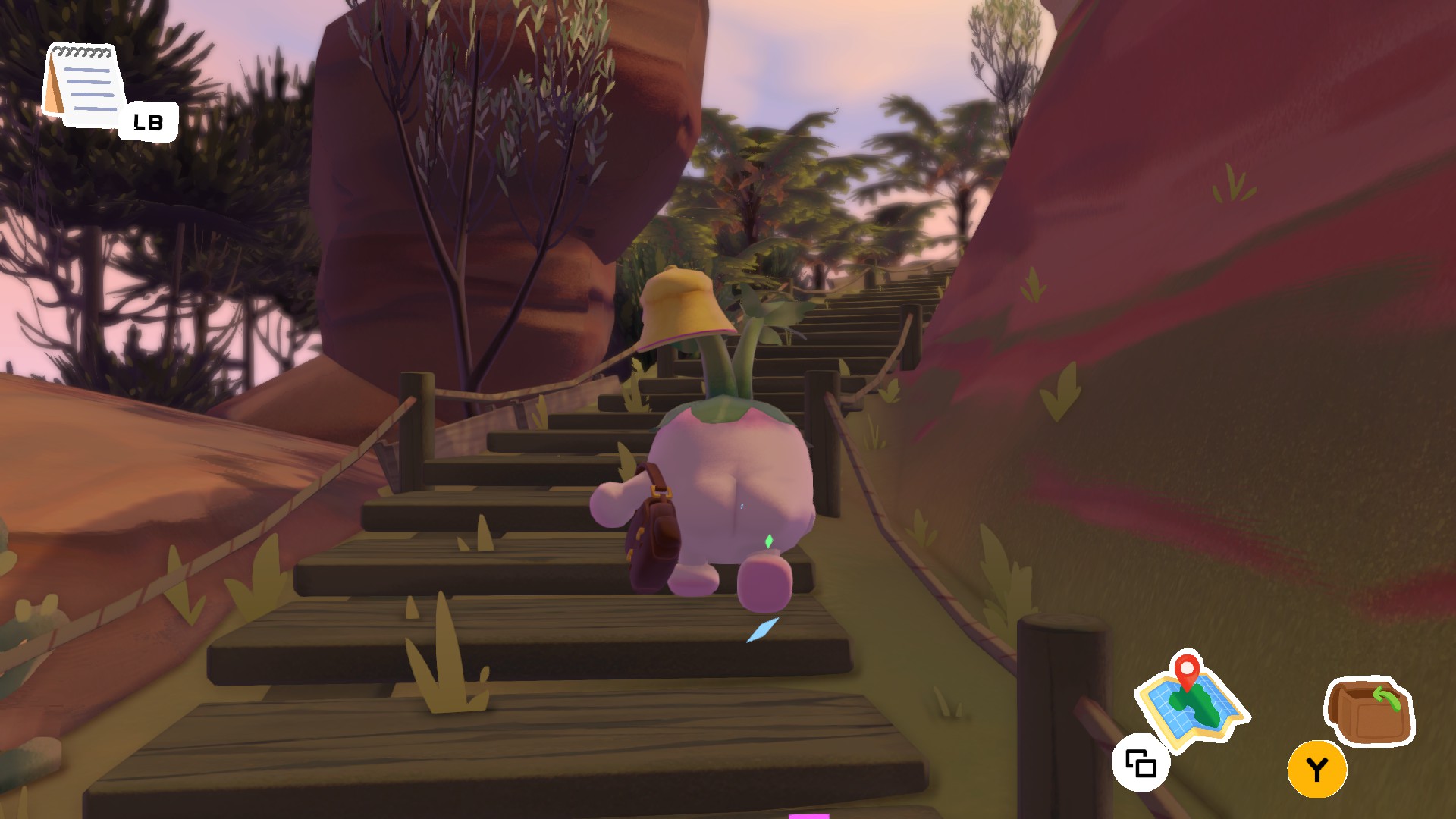 An assortment of images from Letters to Arralla, following a turnip with a juicy bum looking around a beautiful island, delivering mail, and talking to residents.