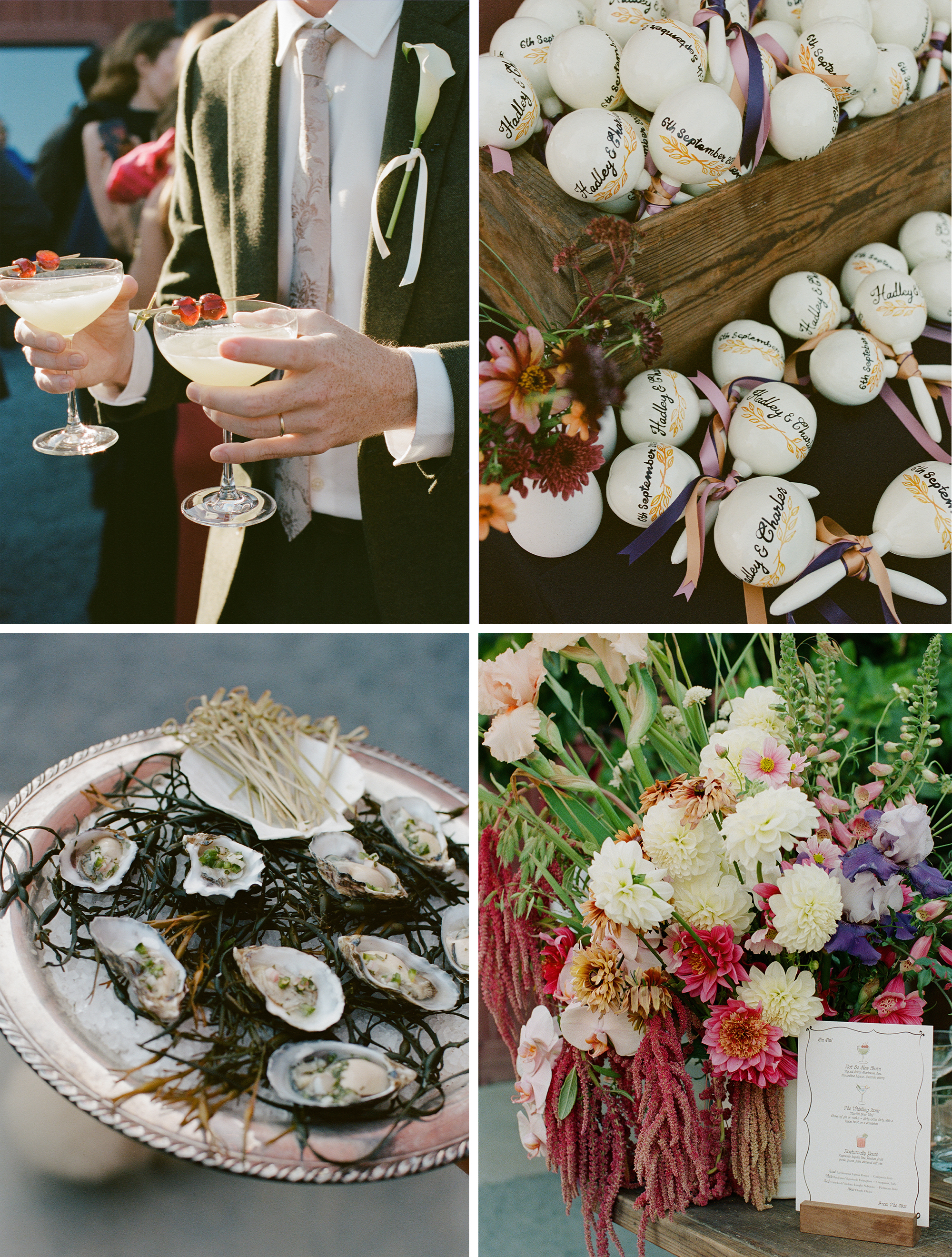 A collage of the food, drinks, and flowers.