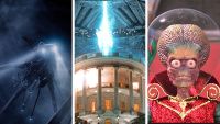 Split image showing three alien invasion movies: War of the Worlds, Independence Day, and Mars Attacks!