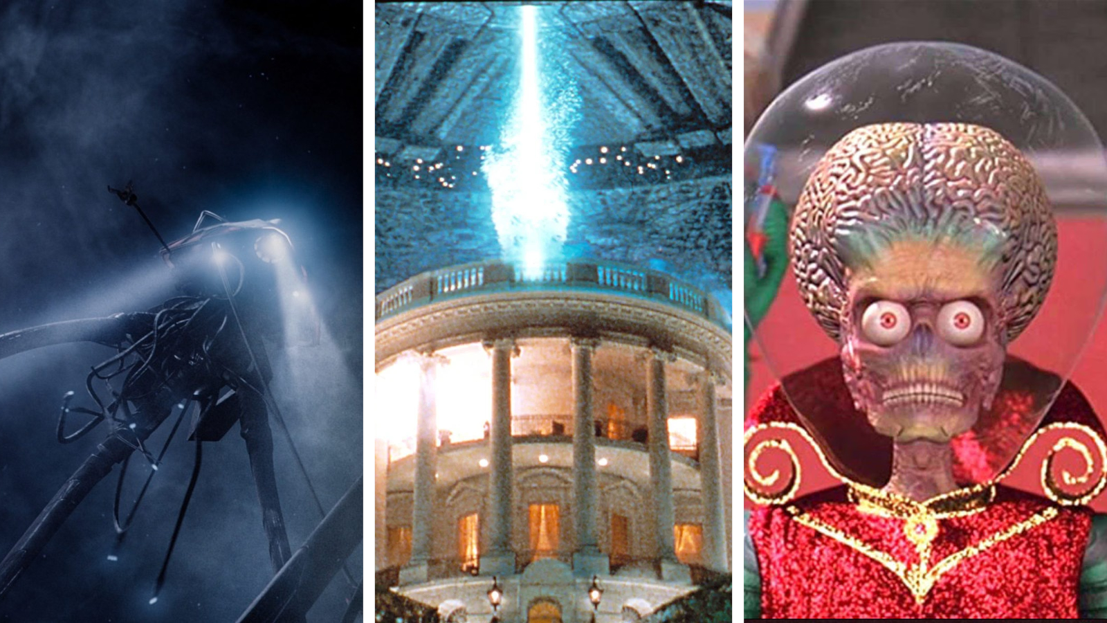 Split image showing three alien invasion movies: War of the Worlds, Independence Day, and Mars Attacks!