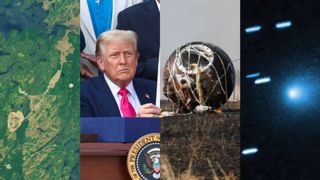 Four images next to each other, from left to right an image of a green and brown Earthen landscape, a photo of president Trump wearing a red tie and black suit, a photo of a metal ball with wires coming out and a glowing blue light in a deep space image