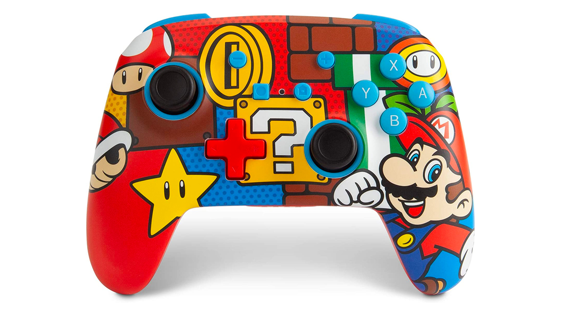 A photo of a Switch controller with Mario designs