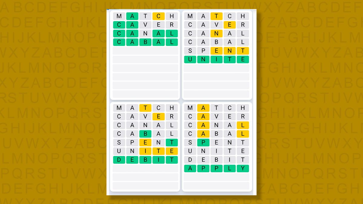 Quordle Daily Sequence answers for game 1482 on a yellow background