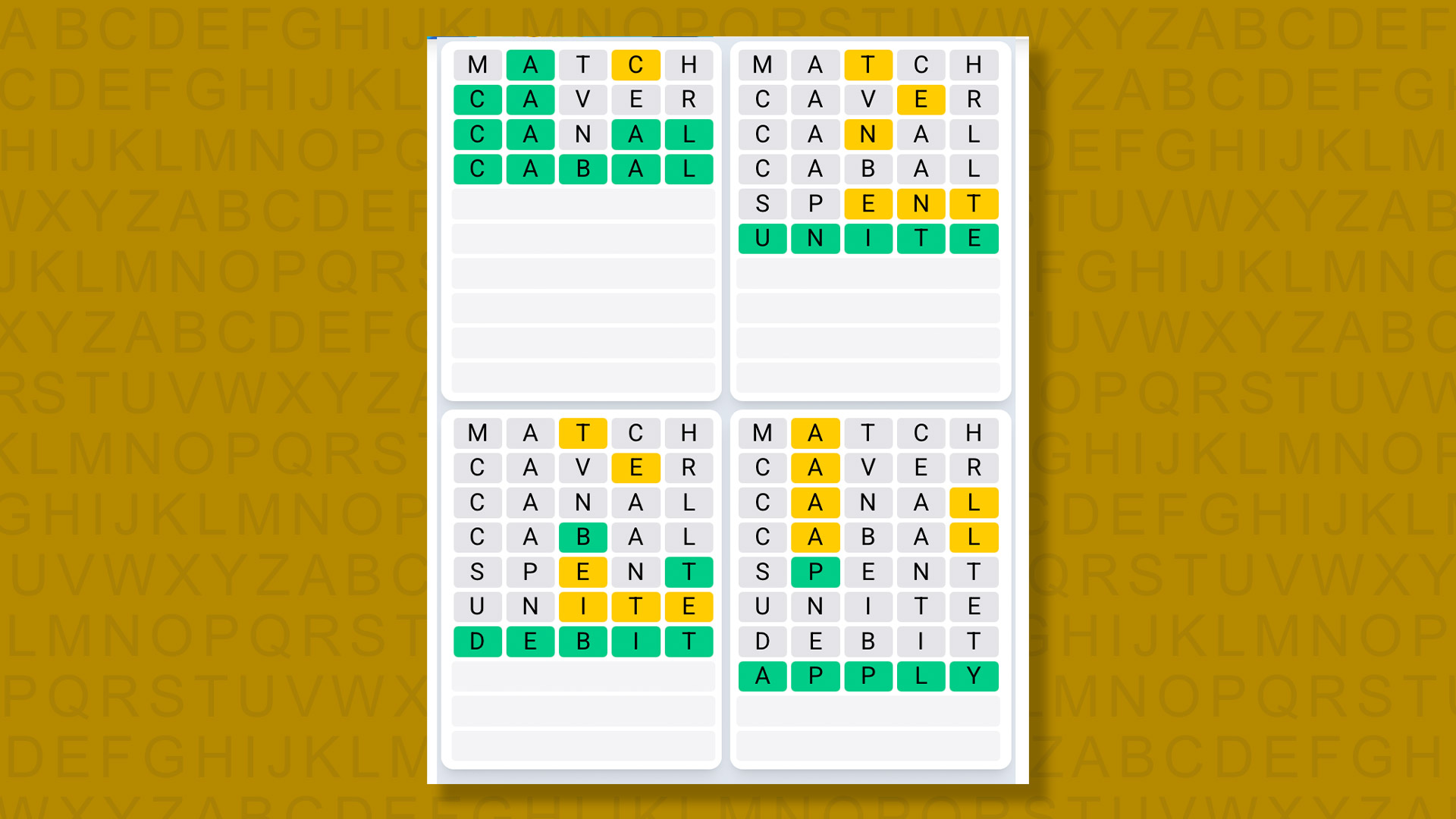 Quordle Daily Sequence answers for game 1482 on a yellow background