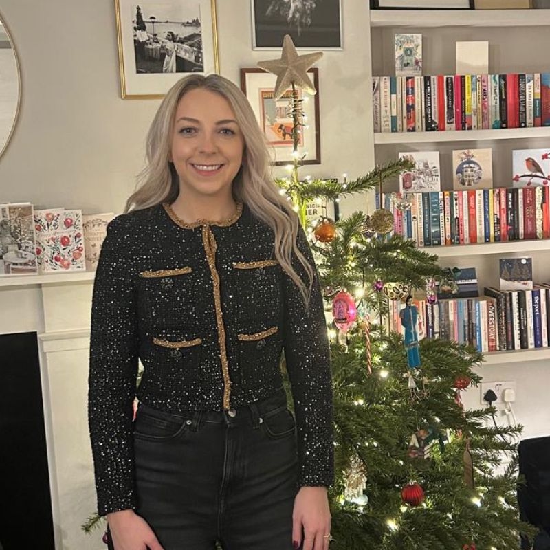 Caroline Parr wearing a Self-Portrait embellished cardigan