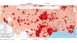 Map of Texas with Verizon 5G wideband network coverage