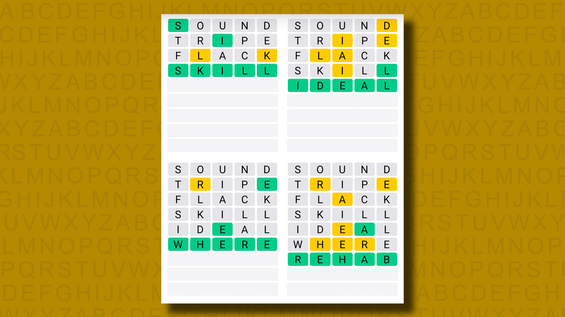 Quordle answers for game 1140 on a yellow background