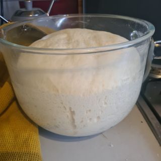 bread dough after a rise in the Kenwood kMix mixing glass bowl