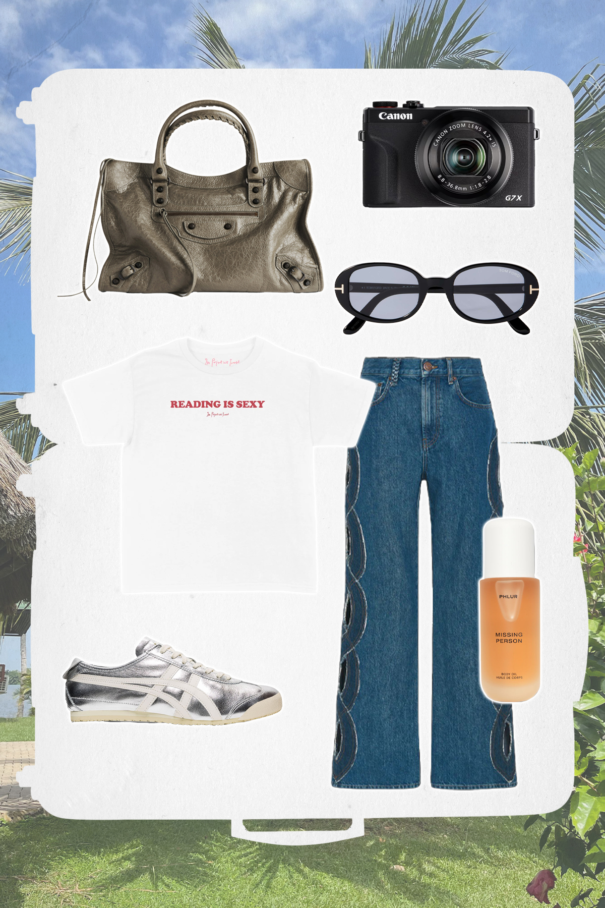 A collage of travel items.